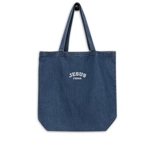 Embroidered: Jesus Freak. Organic denim tote bag